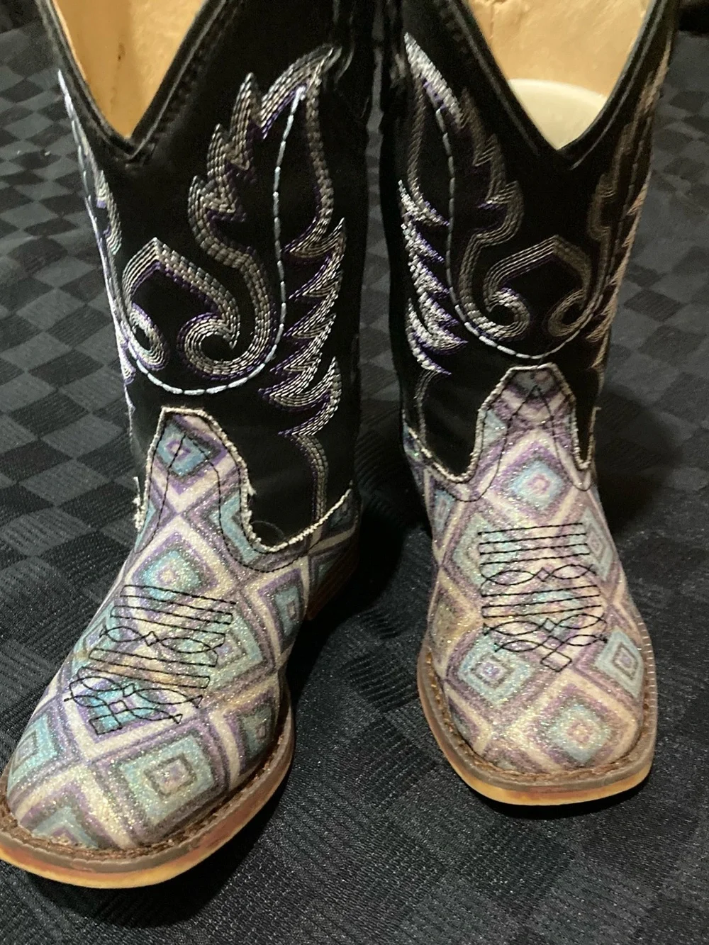 Roper Black Shaft Cowgirl Boots with Purple and Teal Geometric Toe
